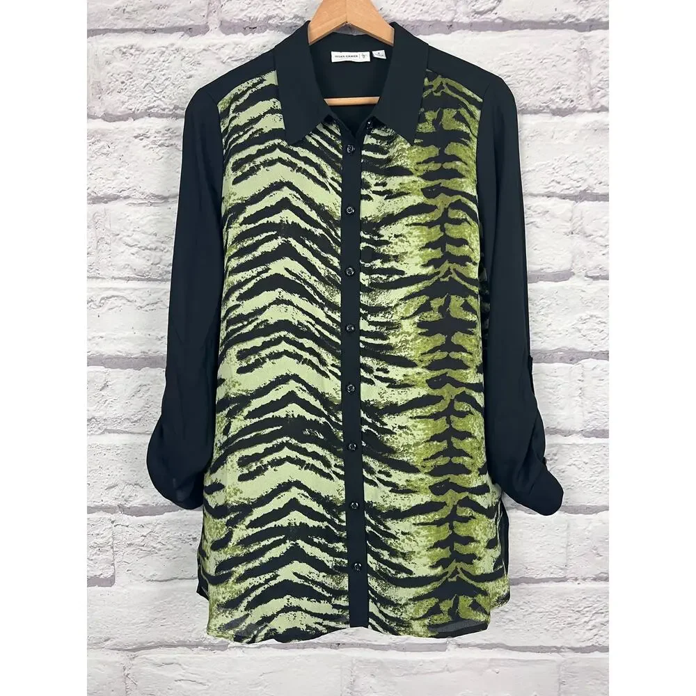 Susan Graver Womens 8 Maximalist Statement Animal Print‎ Roll Tab Tunic Blouse